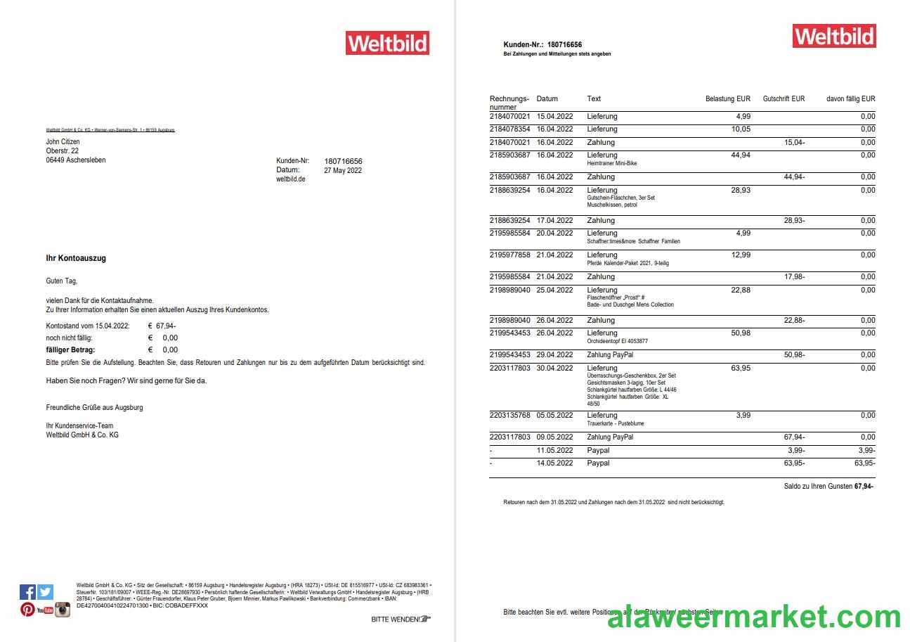 Germany Weltbild bank statement 2 pages